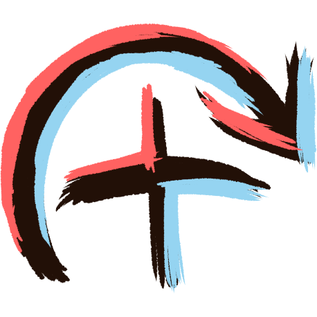 a rounded arrow pointing over top and around it, with light pink and light blue coloured portions, with slightly sketchy off-black lines.